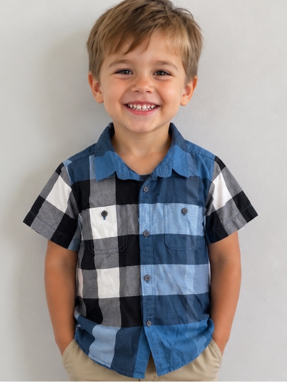 Authentic Burberry Boys Blue Plaid Short-Sleeve Button Down Shirt